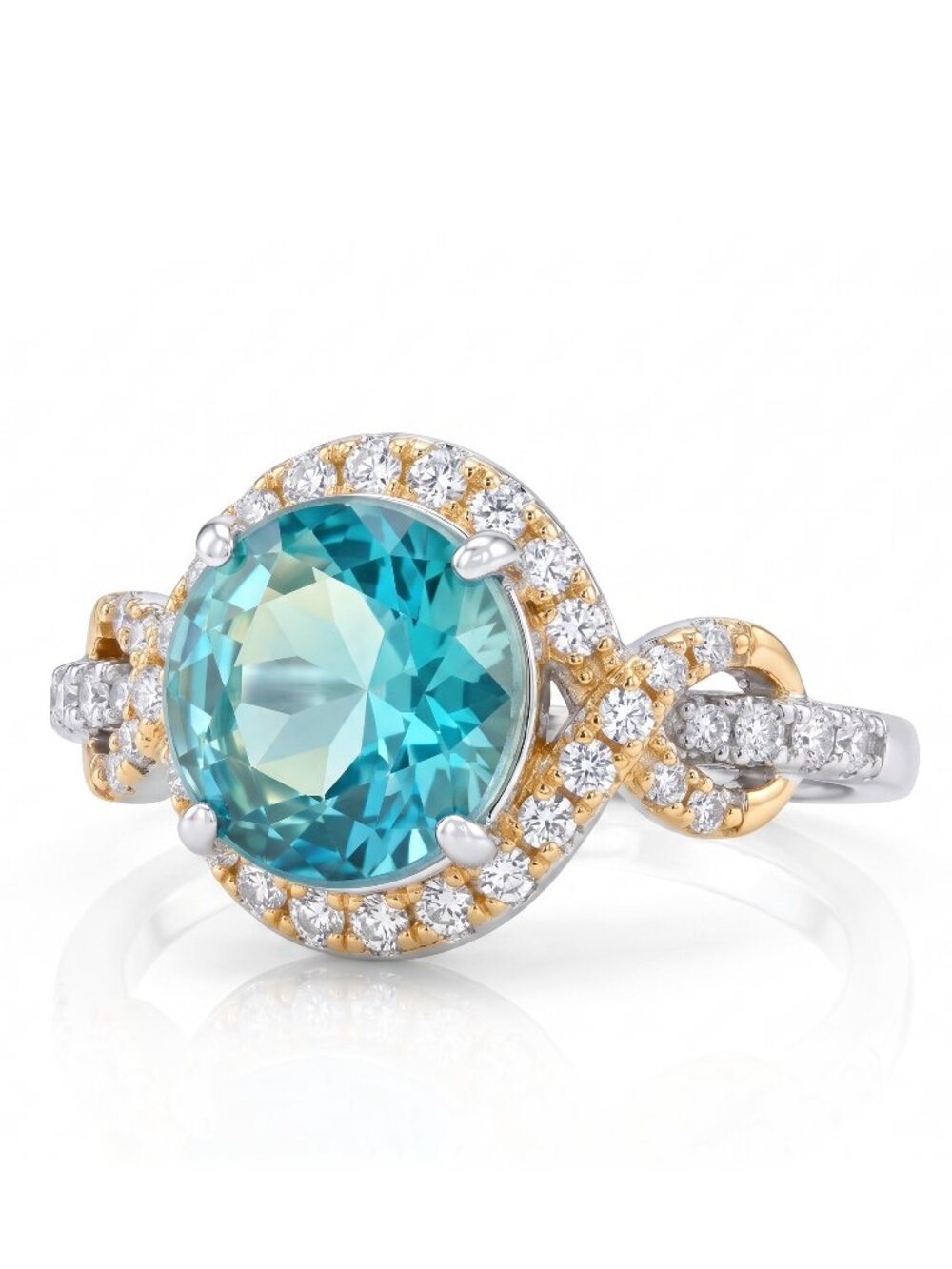 Blue & Teal Aquamarine Round Gemstone Ring, 925 Sterling Silver